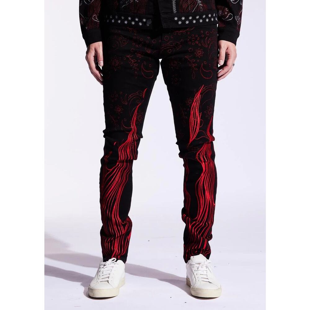 Embellish NYC Men's Eulogy Black/Red Embroidered Skinny Fit Stretch Denim Jeans
